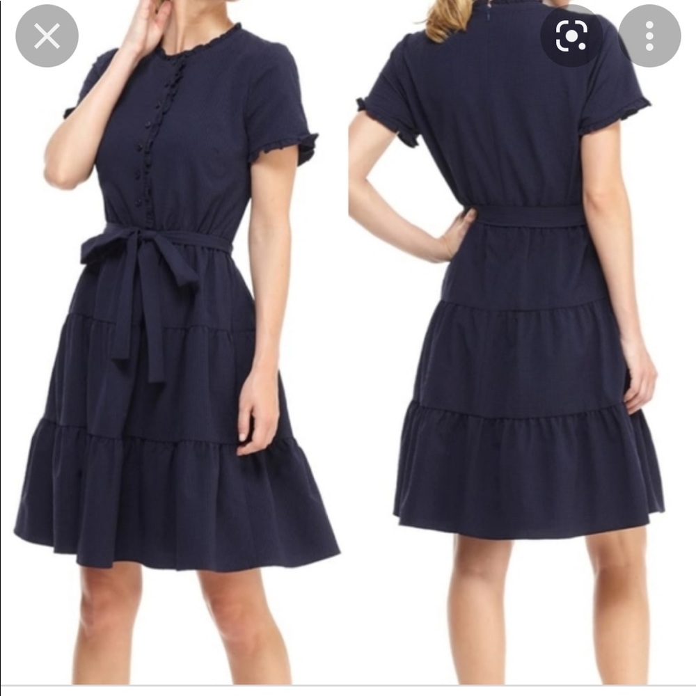 Gal Meets Glam Navy Tiered Midi Dress with Belt - Picture 7 of 11